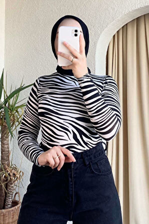 Yarım Balıkçı Yaka Zebra Desenli Body Siyah