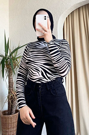 Yarım Balıkçı Yaka Zebra Desenli Body Siyah