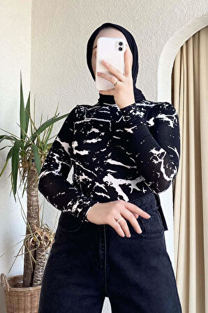 Yarım Balıkçı Yaka Soyut Desenli Body Siyah