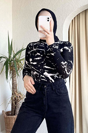 Yarım Balıkçı Yaka Soyut Desenli Body Siyah