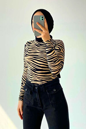 Yarım Balıkçı Yaka Zebra Desenli Body Sütlü Kahve