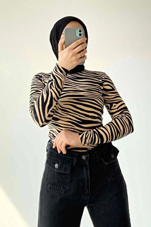 Yarım Balıkçı Yaka Zebra Desenli Body Sütlü Kahve