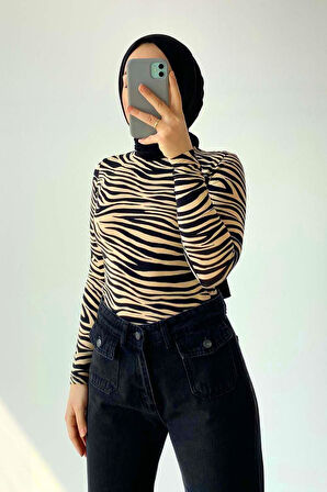 Yarım Balıkçı Yaka Zebra Desenli Body Sütlü Kahve