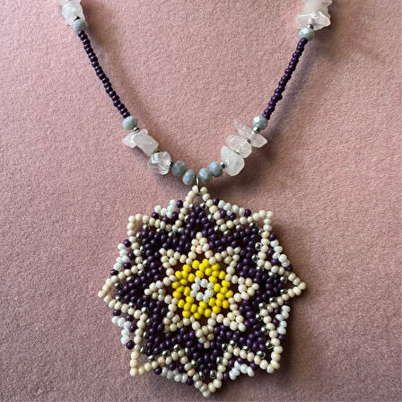 Uretti - Özlem 9422 0338 El Yapımı Pembe Kuvars Doğal Taşlı Mandala Model Kolye