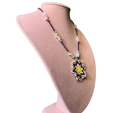 Uretti - Özlem 9422 0338 El Yapımı Pembe Kuvars Doğal Taşlı Mandala Model Kolye