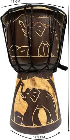 BARC Otantik Ahşap Djembe Davul, 25 cm, Mahoni Ağacı ve Keçi Derisi, El Yapımı Bali Endonezya, Fil Figürlü, 14 cm Deri Çap