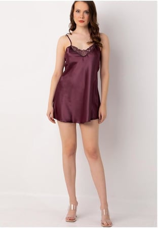 miorre Ince Askılı Güpürlü Mini Saten Gecelik Yeni Sezon (1 Adet Ekonomik),Eflatun L/Xl