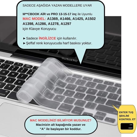 MacBook Klavye Koruyucu US ANSI – Air A1369 A1466 &amp; Pro A1278 A1425 A1502 A1286 A1398 Uyumlu – Amerikan İngilizce Düz Enter – İnce Silikon Şeffaf