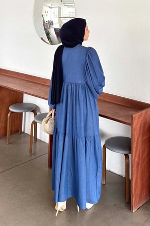 Balon Kol Katlı Yazlık Elbise Kot Mavisi