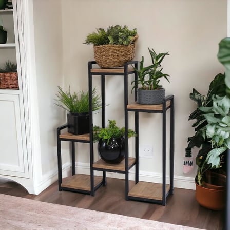 DEKORATİF METAL GÖVDELİ 6 AHŞAP RAFLI SAKSILIK KATLI DİKEY SAKSI STANDI ÇİÇEKLİK GARDEN