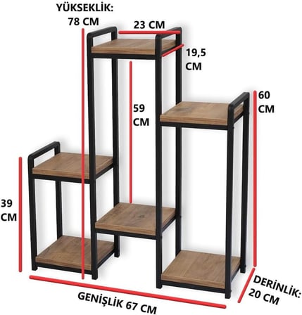 DEKORATİF METAL GÖVDELİ 6 AHŞAP RAFLI SAKSILIK KATLI DİKEY SAKSI STANDI ÇİÇEKLİK GARDEN