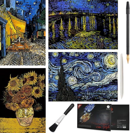 Scratch Art Tablo 4 Parça Vincent Van Gogh Çizik Gökkuşağı Kağıt Seti Yetişkinler ve Çocuklar için, Kendin Yap Eskiz Kartı Gravür Zanaat Gece Görüşü Kazı Tahtası 4 Aletli - Kafe Terası, Ayçiçekleri,