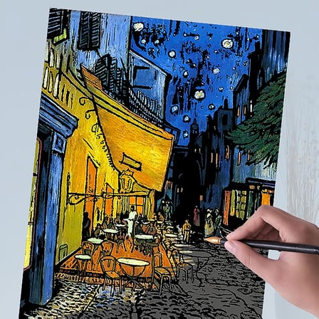 Scratch Art Tablo 4 Parça Vincent Van Gogh Çizik Gökkuşağı Kağıt Seti Yetişkinler ve Çocuklar için, Kendin Yap Eskiz Kartı Gravür Zanaat Gece Görüşü Kazı Tahtası 4 Aletli - Kafe Terası, Ayçiçekleri,