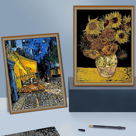 Scratch Art Tablo 4 Parça Vincent Van Gogh Çizik Gökkuşağı Kağıt Seti Yetişkinler ve Çocuklar için, Kendin Yap Eskiz Kartı Gravür Zanaat Gece Görüşü Kazı Tahtası 4 Aletli - Kafe Terası, Ayçiçekleri,