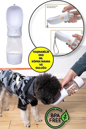 Taşınabilir Mama Hazneli Evcil Hayvan Suluğu Seyahat Kabı Kilitlenebilen Su Sızdırmaz 380 ML - Beyaz Suluk