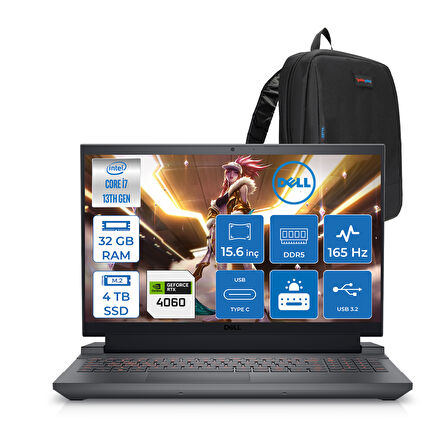 Dell Gaming G15 5530 Intel Core I7 13650HX 32GB Ddr5 4tb SSD Freedos RTX4060 8gb 140W 15.6" Fhd (1920X1080) 165HZ 3ms 300NİTS Taşınabilir Bilgisayar G155530014UF12 + Zetta Çanta