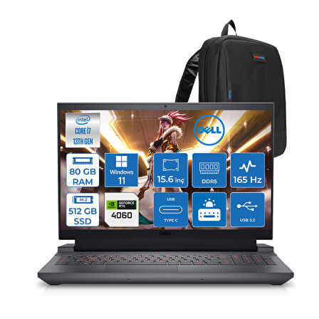 Dell Gaming G15 5530 Intel Core I7 13650HX 80GB Ddr5 512GB SSD Windows 11 Home RTX4060 8gb 140W 15.6" Fhd (1920X1080) 165HZ 3ms 300NİTS Taşınabilir Bilgisayar G155530014UH25 + Zetta Çanta
