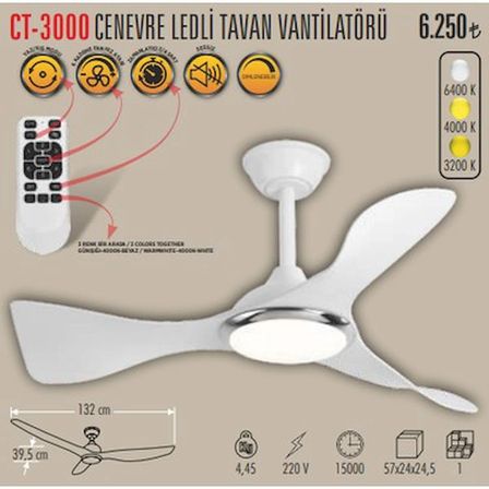 T-3000 Modern Beyaz LED Işıklı Tavan Vantilatörü Fan Havalandırma ve Uzaktan Kumandalı