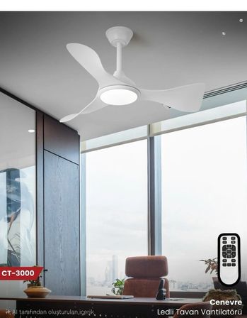 T-3000 Modern Beyaz LED Işıklı Tavan Vantilatörü Fan Havalandırma ve Uzaktan Kumandalı