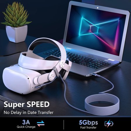 VR-C Oculus Quest ile Uyumlu VR5 Link Kablosu 5 M, 5Gbps USB 3.2 Gen 1 Hızlı Veri Aktarımı, Hızlı Şarj Usb-C, Quest 2 Uyumlu (Type C to Type C) Kablo; Sanal Gerçeklik Gözlüğü Uyumlu