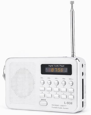 L-938 Şarjlı Taşınabilir FM Radyo | Dijital Ekranlı | USB/TF/SD/AUX Destekli | BL-5C Bataryalı Cep Radyosu (Beyaz)