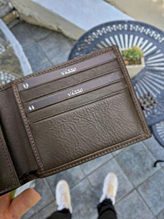 VİSSO 262 HAKİKİ DERİ ÇANTA İSME ÖZEL ÇİFT KİMLİK BÖLMELİ   DERİ ERKEK CÜZDAN Kahverengi