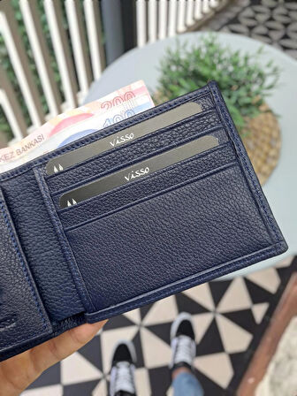 VİSSO 262 HAKİKİ DERİ ÇANTA İSME ÖZEL ÇİFT KİMLİK BÖLMELİ   DERİ ERKEK CÜZDAN Lacivert RENK