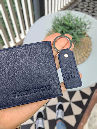 VİSSO 262 HAKİKİ DERİ ÇANTA İSME ÖZEL ÇİFT KİMLİK BÖLMELİ   DERİ ERKEK CÜZDAN Lacivert RENK Ve Anahtarlık