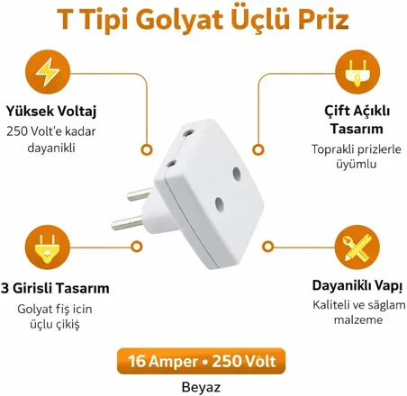 T Tipi Fiş Golyat 2’li Priz Dönüştürücü, Çoklu Adaptör Priz, Yüksek Dayanıklı Elektrik Prizi, Ev Ofis Seyahat Uyumlu, Kompakt Tasarım, Beyaz, 2 Adet