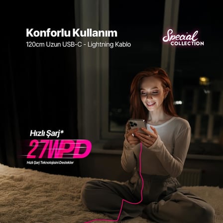 USB-C - Lightning Hızlı Şarj Kablosu 120cm Neon (Neon Pembe)