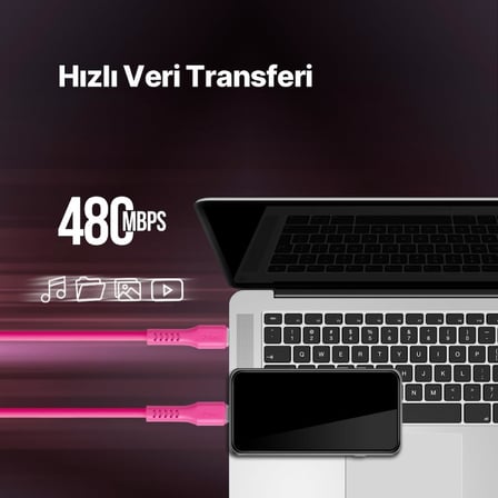 USB-C - Lightning Hızlı Şarj Kablosu 120cm Neon (Neon Pembe)