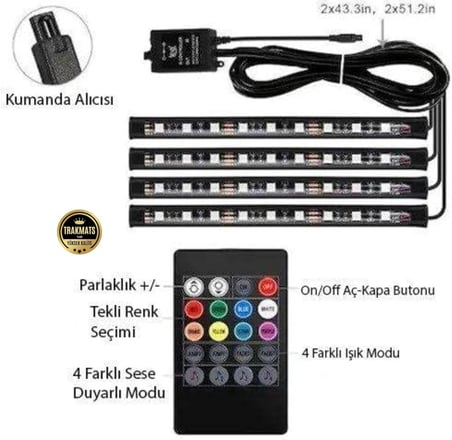 Opel Corsa B 1993-2000 İçin Uyumlu Araç İçi Ayak Altı LED Şerit Işık, 48 LED RGB Atmosfer Aydınlatma, Ses Kontrollü, Uzaktan Kumandalı