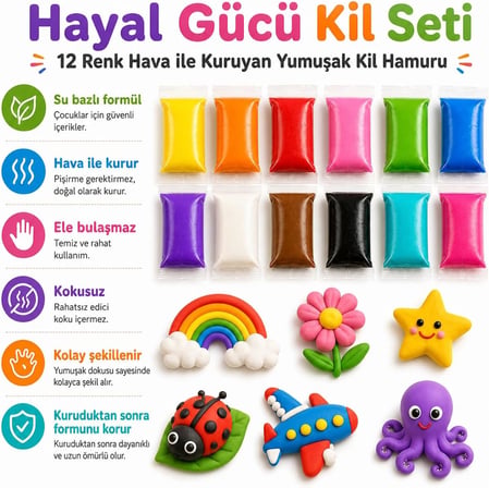Hayal Gücü Kil Seti - 12 Renkli Hava ile Kuruyan Zıplayan Kil Hamuru, Yumuşak ve Kolay Şekillenen, Kokusuz, Eğitici Aktivite Seti -