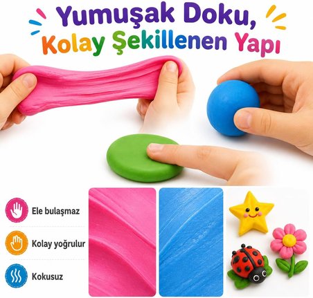 Hayal Gücü Kil Seti - 12 Renkli Hava ile Kuruyan Zıplayan Kil Hamuru, Yumuşak ve Kolay Şekillenen, Kokusuz, Eğitici Aktivite Seti -