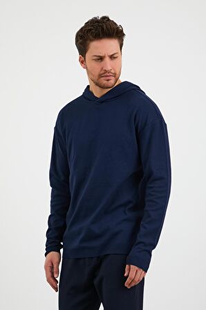 Erkek Comfort Fit Kapüşonlu Düz Sweatshirt Lacivert