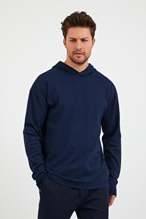 Erkek Comfort Fit Kapüşonlu Düz Sweatshirt Lacivert