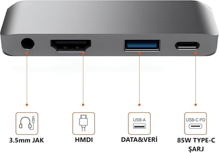 Type C Hub (4 Port), 85W PD Type-C Port 4K 30HZ veya 1080P 60HZ HDMI, 1 Adet USB 3.0 Port Şarj ve Veri Transfer, 3.5mm Jak Kulaklık Ses Grişi, MacBook Pro/Air/iPad/iPhone vb. Uyumlu