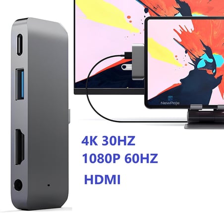 Type C Hub (4 Port), 85W PD Type-C Port 4K 30HZ veya 1080P 60HZ HDMI, 1 Adet USB 3.0 Port Şarj ve Veri Transfer, 3.5mm Jak Kulaklık Ses Grişi, MacBook Pro/Air/iPad/iPhone vb. Uyumlu