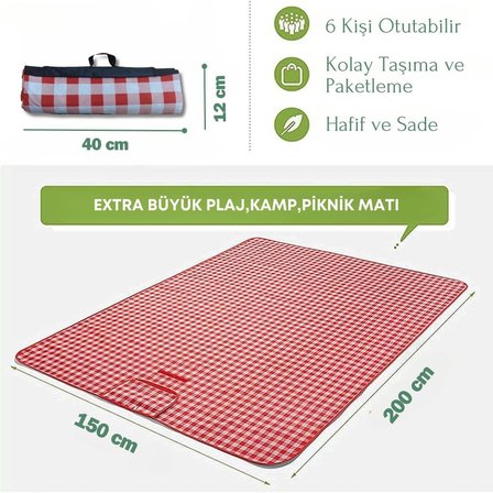 Piknik Battaniyesi, Piknik Örtüsü, Isı İzoleli Su Geçirmez Piknik Örtüsü, Taşıma Saplı Plaj Örtüsü 150-200 cm (Beyaz-Kırmızı Kare)