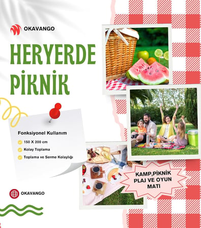 Piknik Battaniyesi, Piknik Örtüsü, Isı İzoleli Su Geçirmez Piknik Örtüsü, Taşıma Saplı Plaj Örtüsü 150-200 cm (Beyaz-Kırmızı Kare)