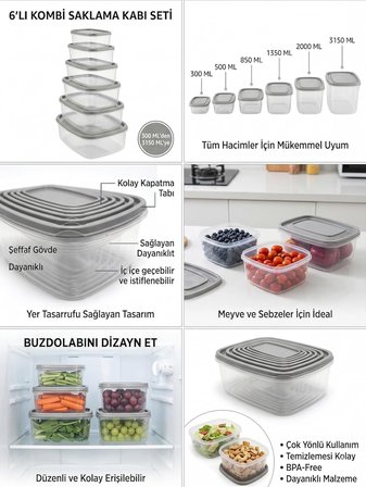 6'lı Sızdırmaz Kapaklı Saklama Kabı Seti - İç İçe Geçebilir ve İstiflenebilir Buzdolabı Düzenleyici, BPA İçermez Çok Amaçlı Erzak ve Meyve/Sebze Saklama Kutusu (300 ML - 3150 ML)