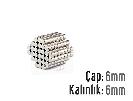 Neodyum Mıknatıs Silindir Çap 6mm , Kalınlık 6mm   ( 10 Adet)