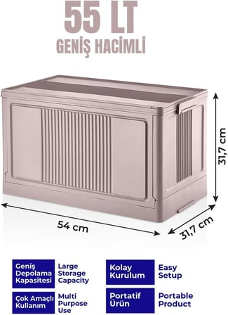 Dev Boy Katlanır Kilit Kapaklı Kasa 55 Litre Hacimli, Yer Kaplamayan Portatif Saklama Kutusu Ardiye, Balkon, Mutfak, Kiler, Bahçe ve Araç Bagajı İçin Güvenli Organizer (PEMBE)