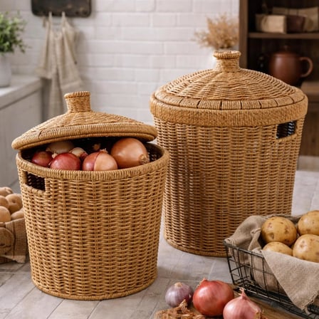 Kapaklı Rattan Patates Soğan Saklama Sepeti 2’li Set – Kiler/Mutfak Organizer, Doğal Hasır Görünüm (27×28×27 cm + 23×24×24 cm)