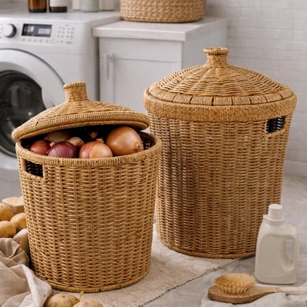 Kapaklı Rattan Patates Soğan Saklama Sepeti 2’li Set – Kiler/Mutfak Organizer, Doğal Hasır Görünüm (27×28×27 cm + 23×24×24 cm)