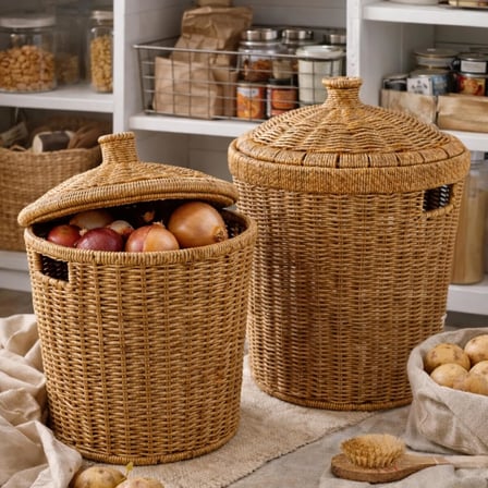 Kapaklı Rattan Patates Soğan Saklama Sepeti 2’li Set – Kiler/Mutfak Organizer, Doğal Hasır Görünüm (27×28×27 cm + 23×24×24 cm)