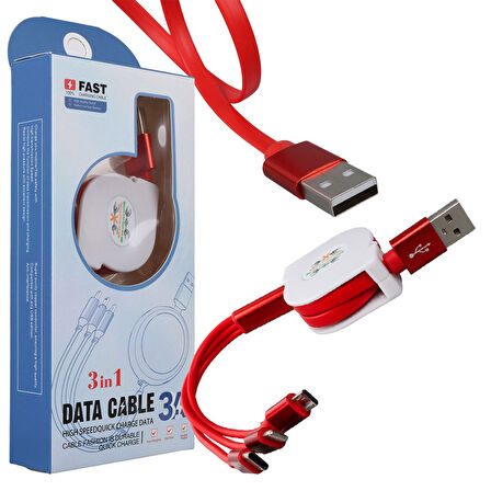 PowerMaster PM-26345 Kırmızı 3'ü 1 Arada Usb Şarj Kablosu