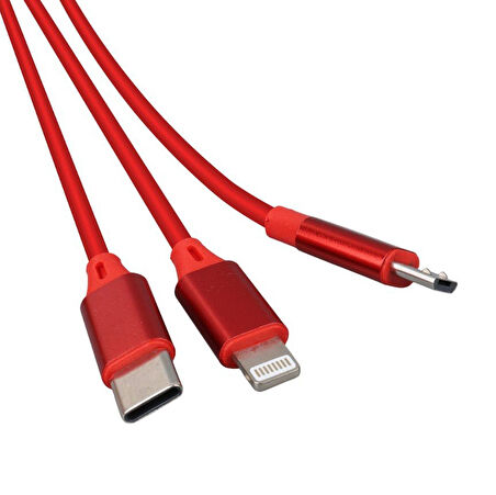 PowerMaster PM-26345 Kırmızı 3'ü 1 Arada Usb Şarj Kablosu