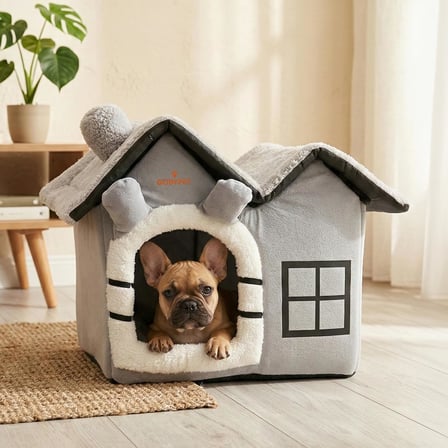 GOBYPET 2 Çatılı Kedi Evi ve Küçük Irk Köpek Kulübesi ve Yuvası – Minderli Peluş İç Mekan Yatağı, Fermuarlı Üst Bölüm, Taşınabilir Ev Tipi Yuva