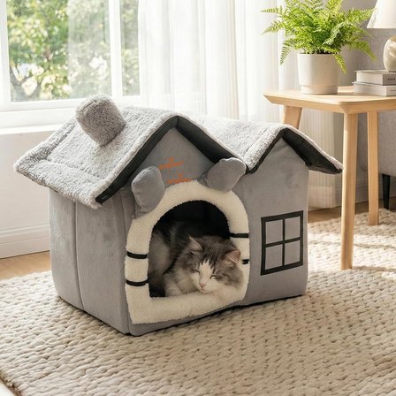 GOBYPET 2 Çatılı Kedi Evi ve Küçük Irk Köpek Kulübesi ve Yuvası – Minderli Peluş İç Mekan Yatağı, Fermuarlı Üst Bölüm, Taşınabilir Ev Tipi Yuva